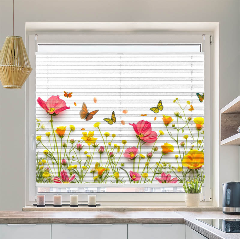 Plissee Motiv Blumen im Fruehling mit Schmetterlingen