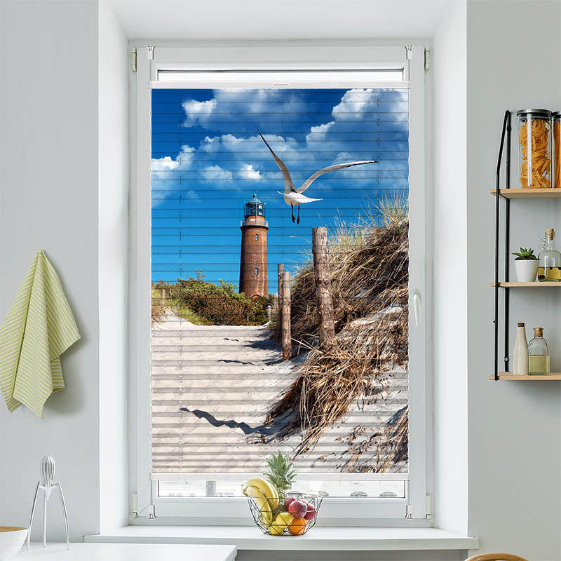 Plissee Motiv Duene Leuchtturm Moewe