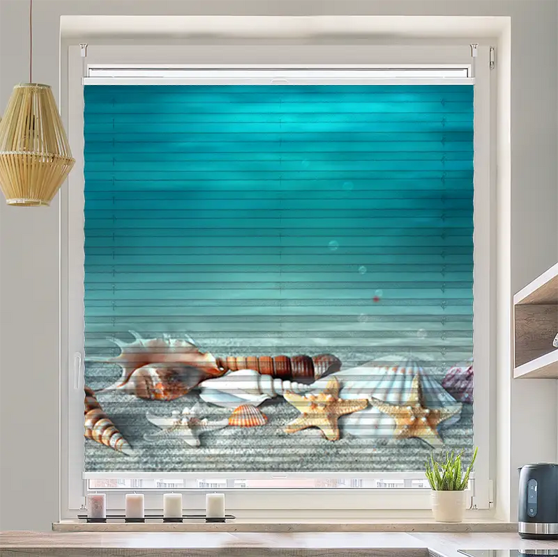 Plissee Motiv Muschel und Seestern am Strand