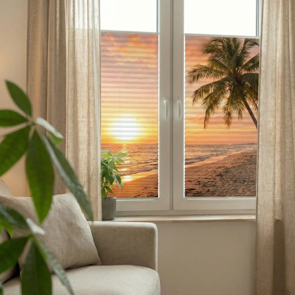 Wohnzimmer mit Plissee am Fenster, auf das ein Strand bei Sonnenaufgang gedruckt ist