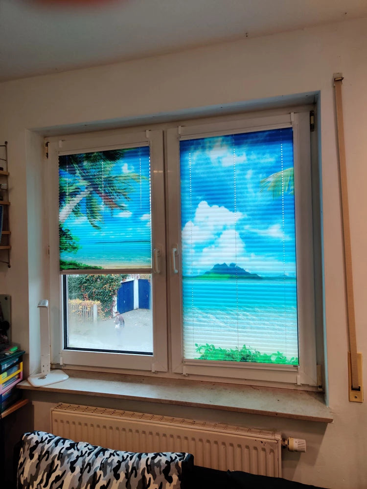 zwei Plissees am Fenster, die ein gemeinsames Motiv ergeben, das linke Plissee ist zur Hälfte hochgeschoben