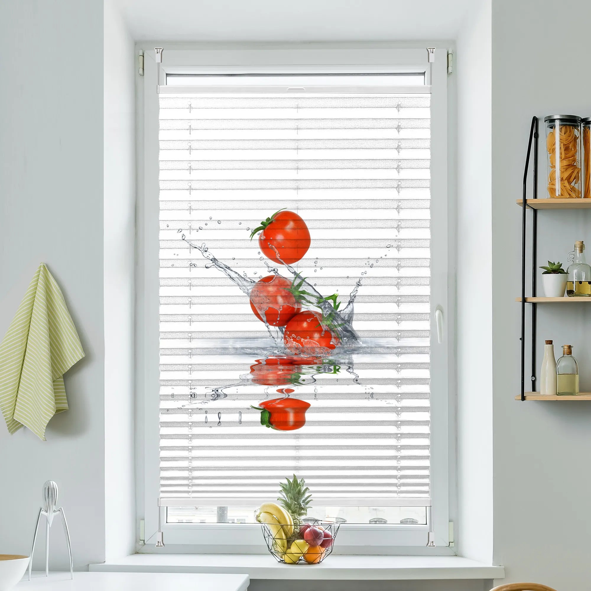 Tomaten im Wasser als Motiv auf einem Plissee in der Küche