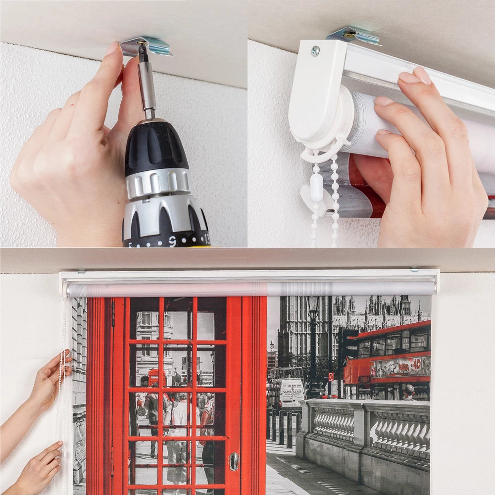 Collage aus drei Bildern die eine Wand und Deckenmontage eines Rollos zeigen