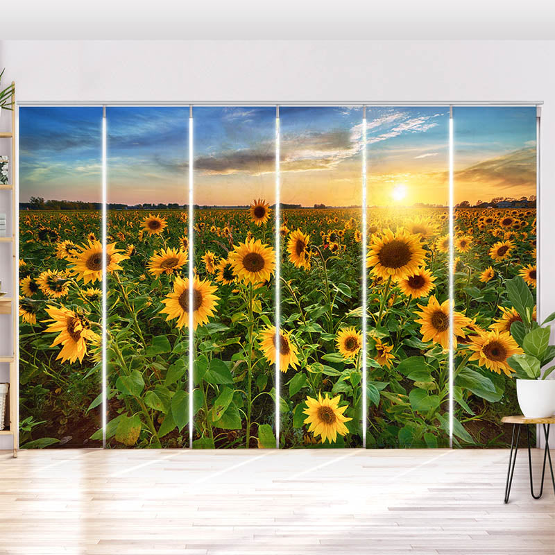 Schiebegardine Motiv Sonnenblumenfeld Sonnenaufgang