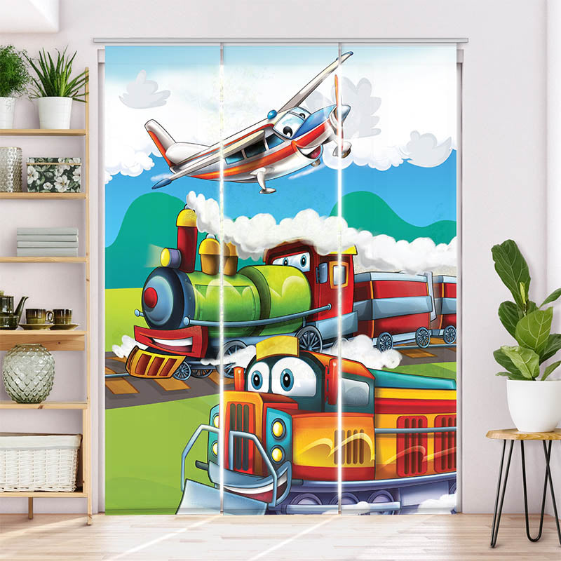 Schiebegardine Motiv "Eisenbahn und Flugzeug"