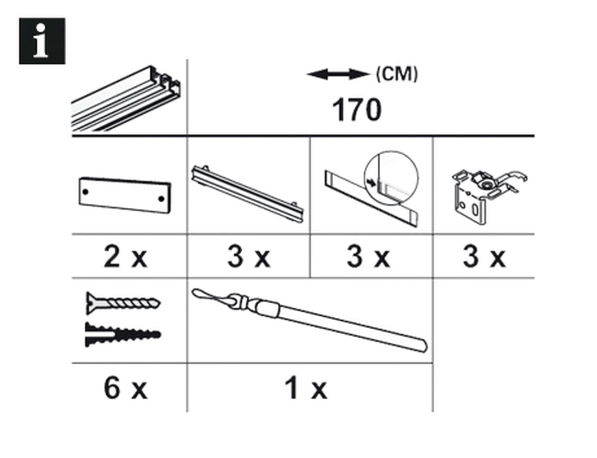 Aluminiumschiene für Schiebevorhang weiss 3-laeufig Komplettsystem Lieferumfang