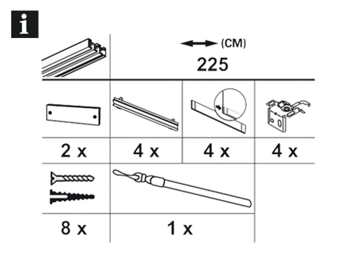 Aluminiumschiene für Schiebevorhang weiss 4-laeufig Komplettsystem Lieferumfang