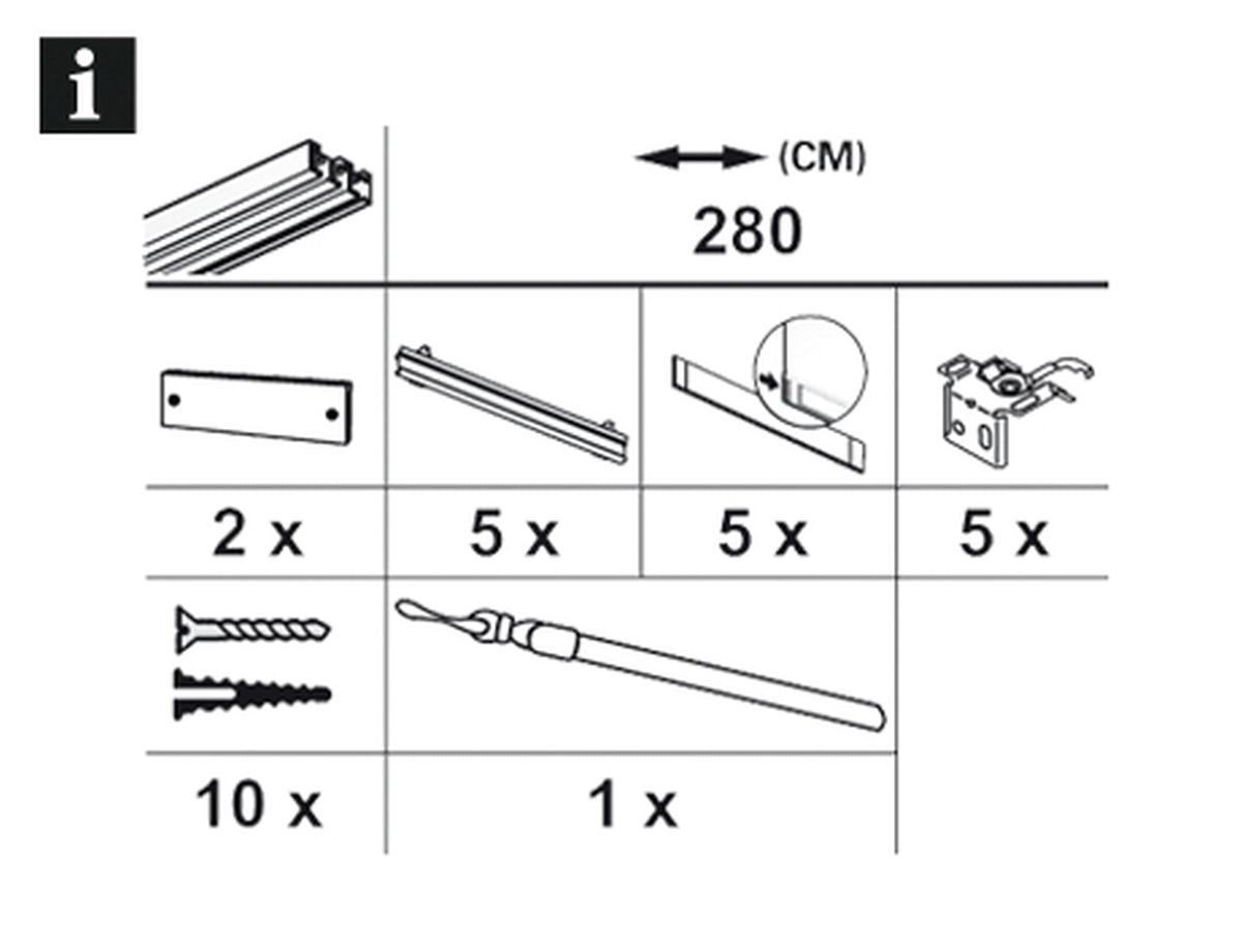Aluminiumschiene für Schiebevorhang weiss 5-laeufig Komplettsystem Lieferumfang