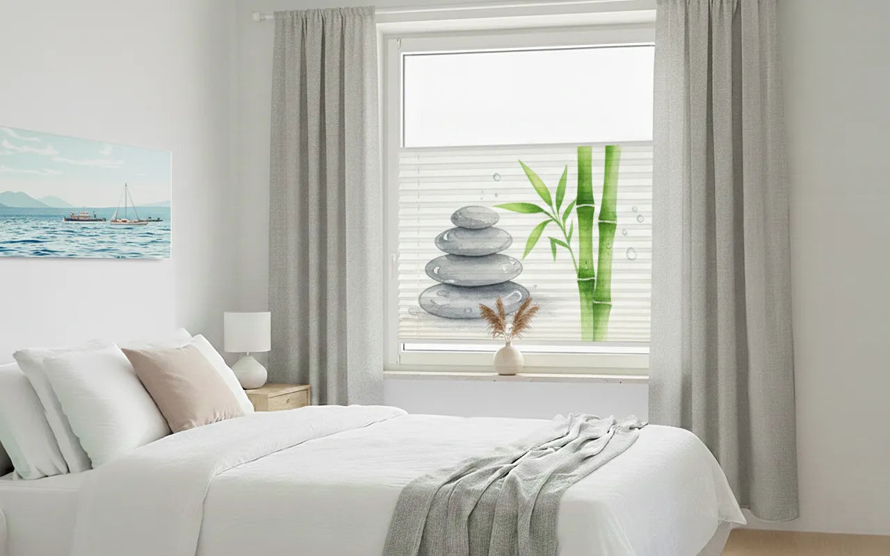 Schlafzimmer mit Wellness Motiv auf dem Plissee