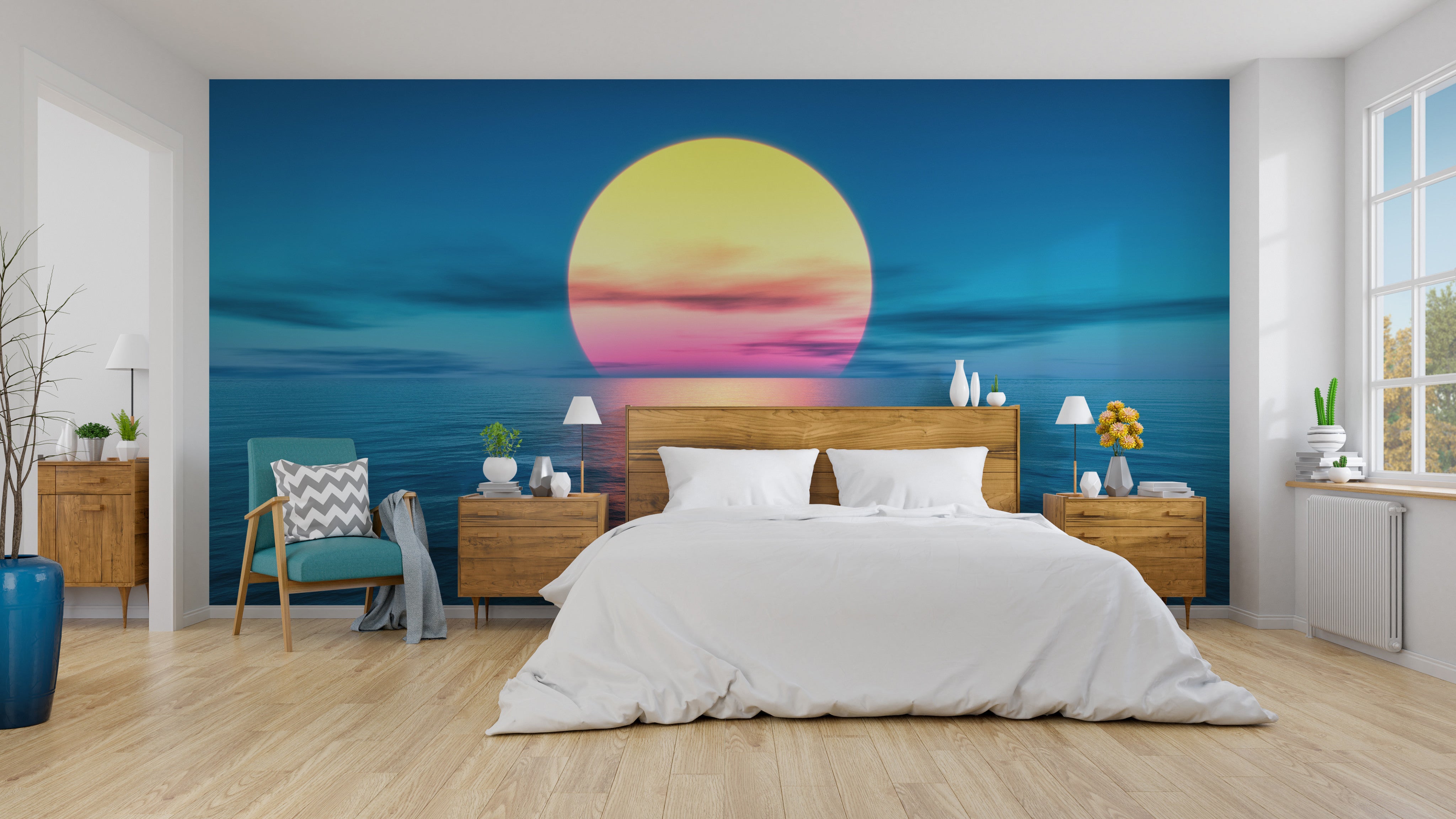 Schlafzimmer und hinter dem Bett an der Wand eine Fototapete mit Sonnenaufgang