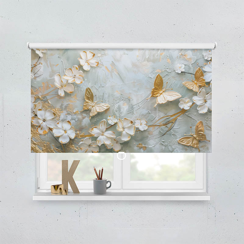 Plissee Motiv Blumen mit Schmetterlingen Weiss Gold