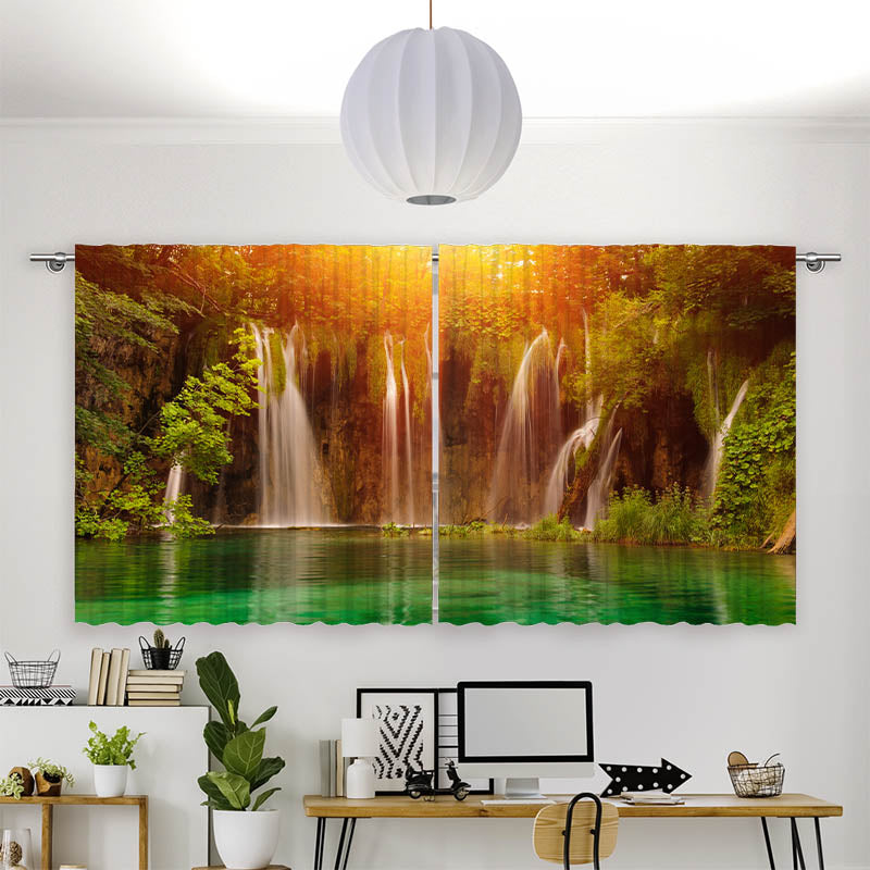 Vorhang Motiv Waldsee Wasserfall Sonnenlicht