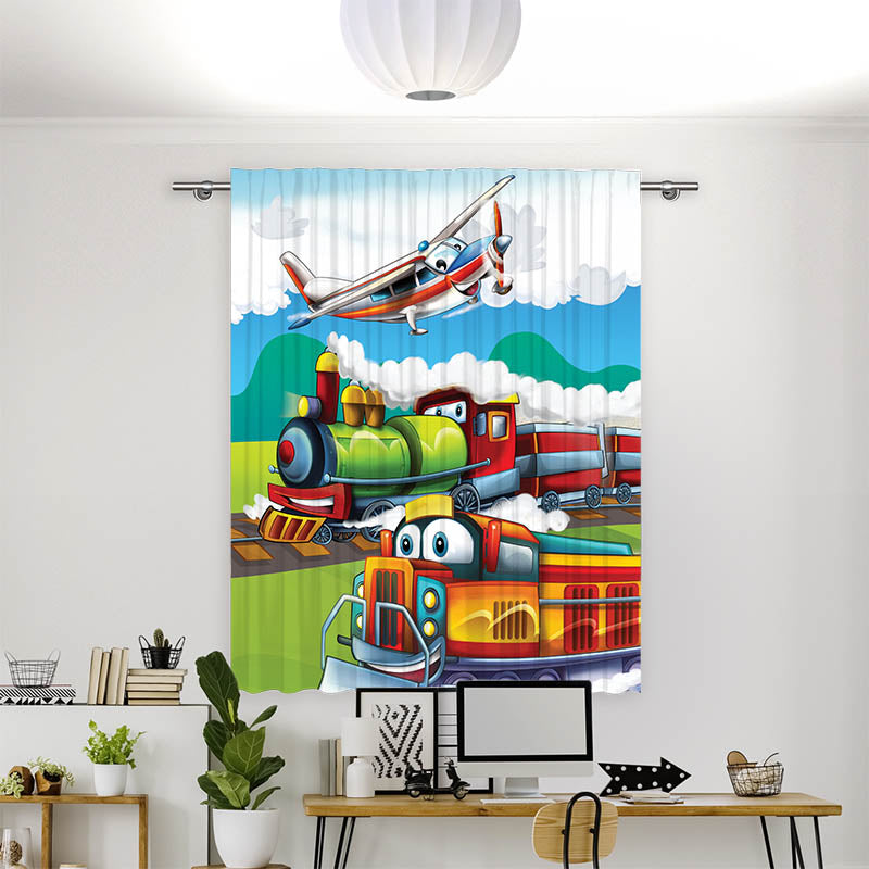 Vorhang Motiv "Eisenbahn und Flugzeug"
