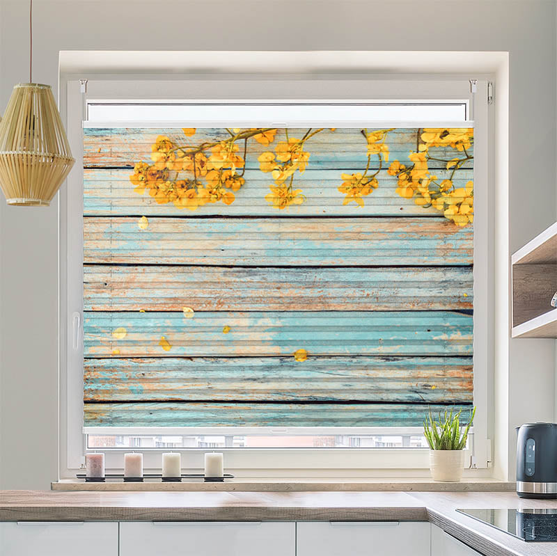 Wabenplissee Motiv Gelbe Blueten auf Vintage Holz