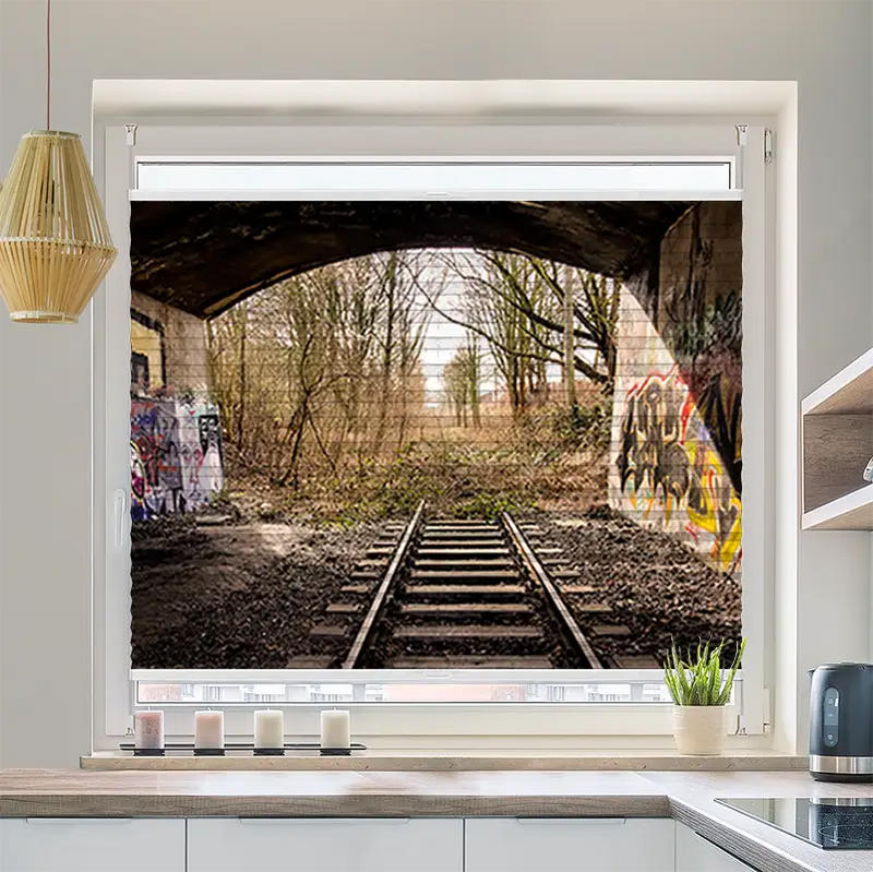 Wabenplissee Motiv Bahnschienen Endstation