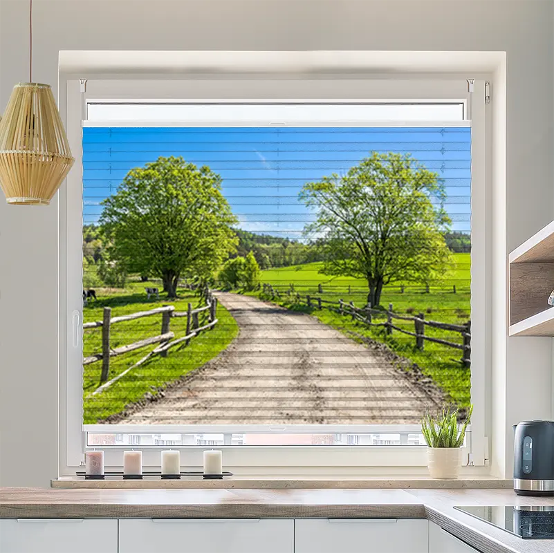 Wabenplissee Motiv Landschaft mit Gras und Kühen