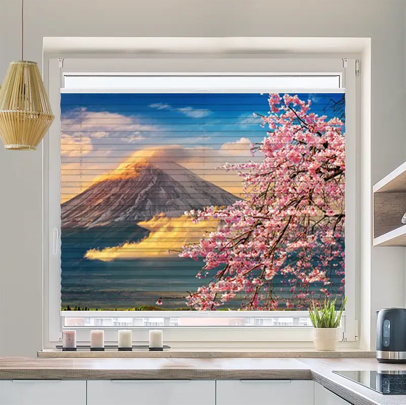 Wabenplissee Motiv Fuji im Frühling mit Kirschblüten