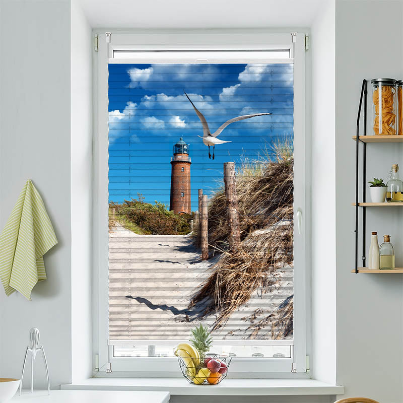 Wabenplissee Motiv Duene Leuchtturm Moewe