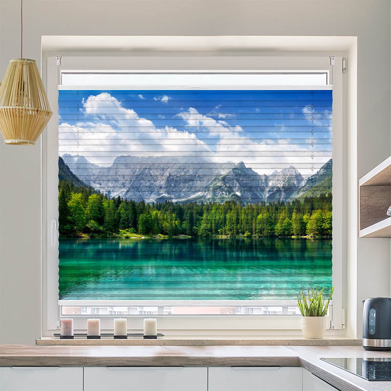 Wabenplissee Motiv See mit Wald und Bergen