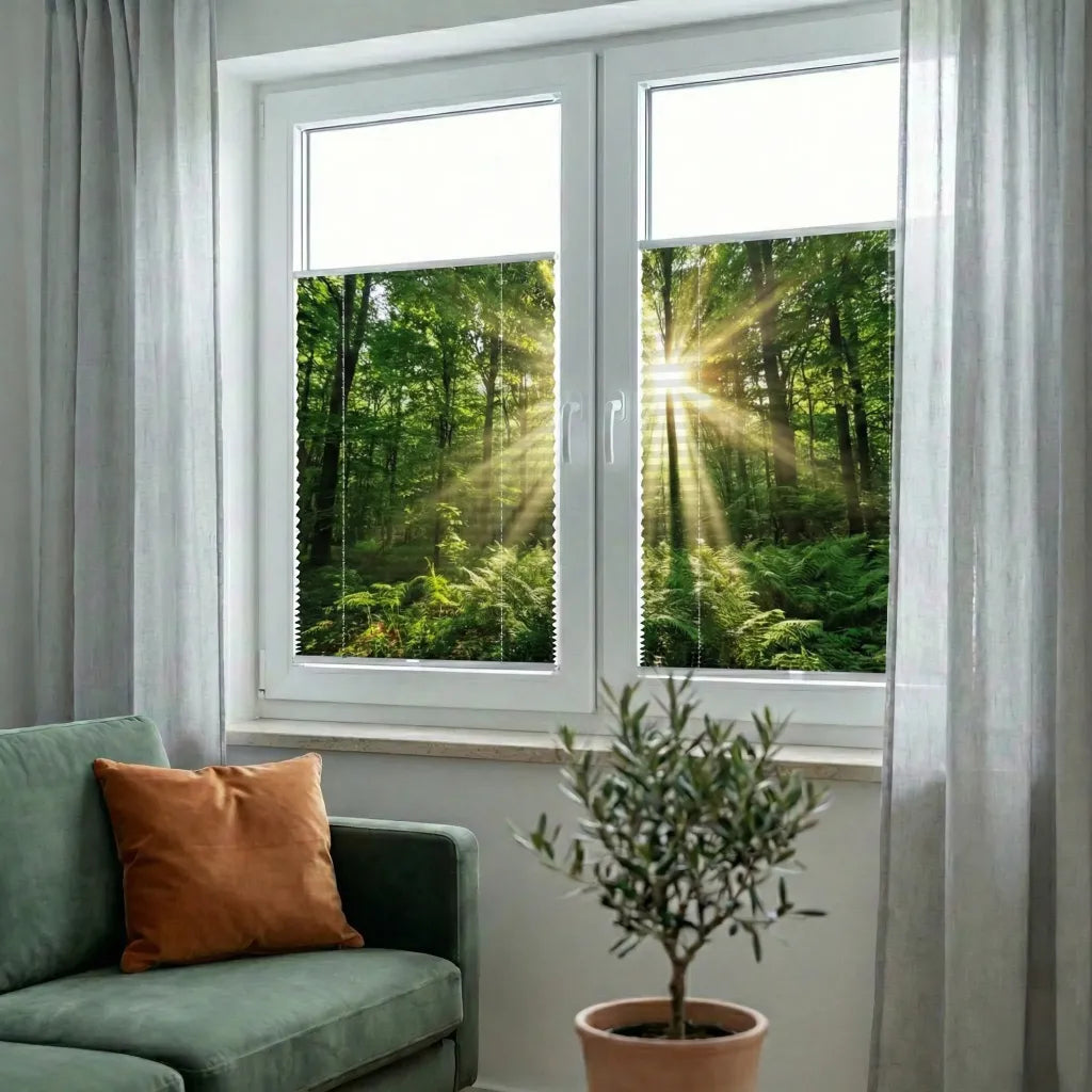 Waldmotiv auf einem Plissee am Wohnzimmerfenster