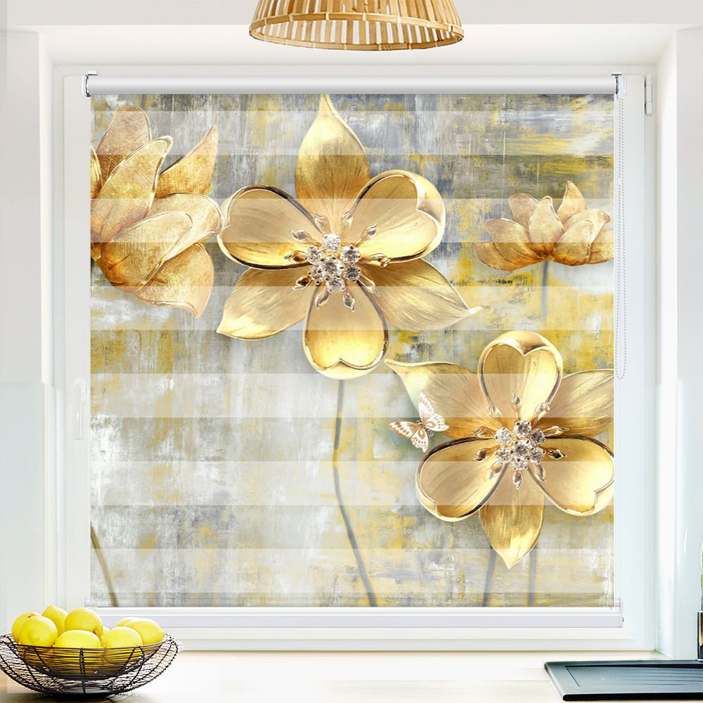 Klemm Doppelrollo "Blumen gold" - ohne Bohren - Klemmfix - bis 150 cm Breite - Duo Rollo Fotodruck - La-Melle