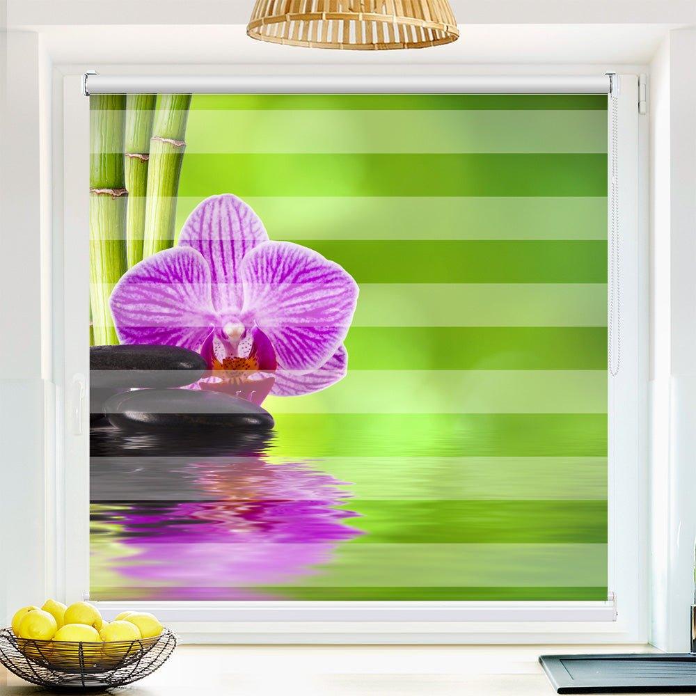 Klemm Doppelrollo "Bambu Orchidee Steine" - ohne Bohren - Klemmfix - bis 150 cm Breite - Duo Rollo Fotodruck - La-Melle