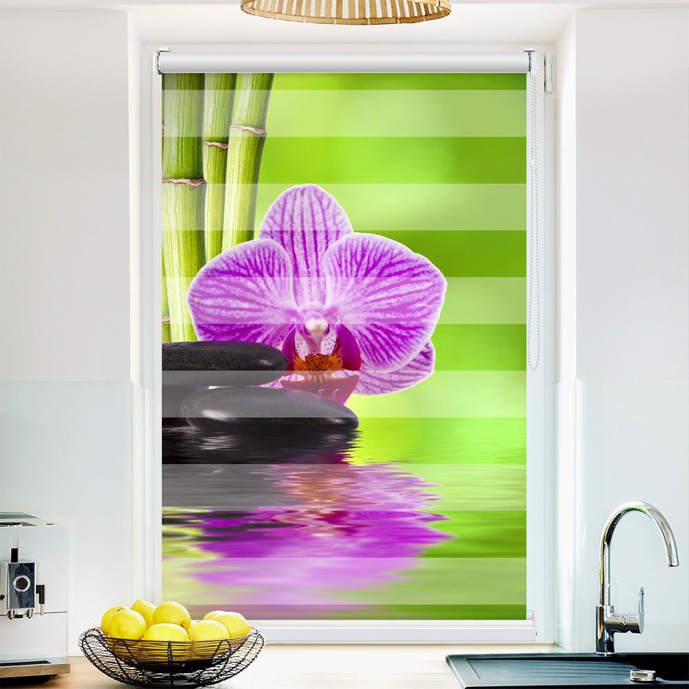 Klemm Doppelrollo "Bambu Orchidee Steine" - ohne Bohren - Klemmfix - bis 150 cm Breite - Duo Rollo Fotodruck - La-Melle