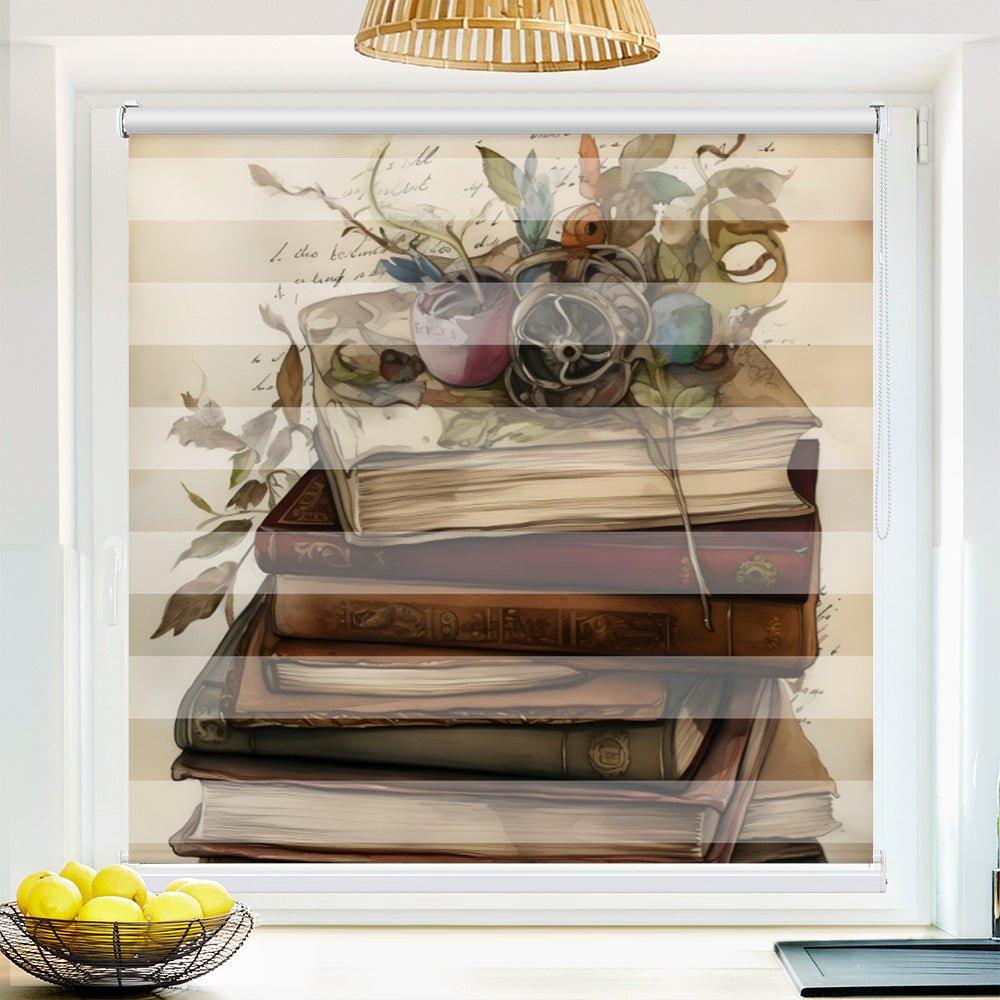 Klemm Doppelrollo "Bücher Stapel" - ohne Bohren - Klemmfix - bis 150 cm Breite - Duo Rollo Fotodruck - La-Melle