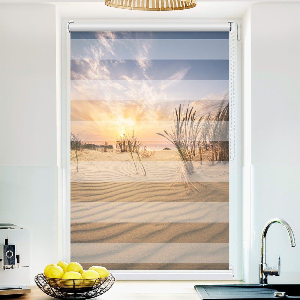Klemm Doppelrollo "Düne Meer" - ohne Bohren - Klemmfix - bis 150 cm Breite - Duo Rollo Fotodruck - La-Melle