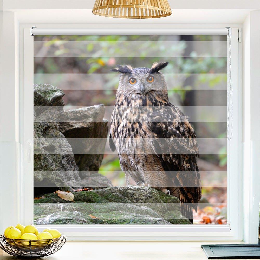 Klemm Doppelrollo "Eule Wald Felsen" - ohne Bohren - Klemmfix - bis 150 cm Breite - Duo Rollo Fotodruck - La-Melle