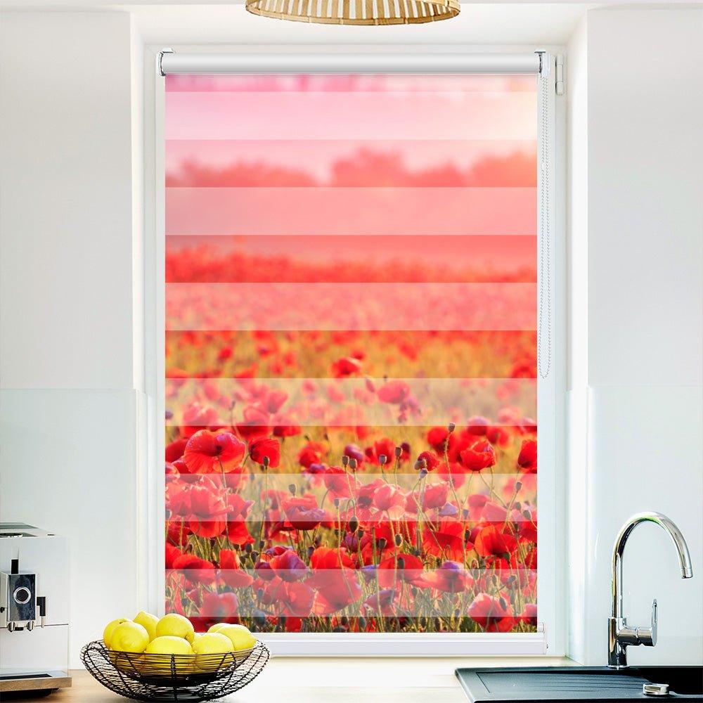 Klemm Doppelrollo "Roter Mohn Sonnenaufgang" - ohne Bohren - Klemmfix - bis 150 cm Breite - Duo Rollo Fotodruck - La-Melle