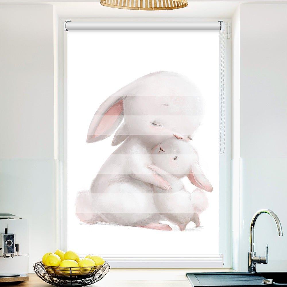 Klemm Doppelrollo "Hase kuscheln" - ohne Bohren - Klemmfix - bis 150 cm Breite - Duo Rollo Fotodruck - La-Melle