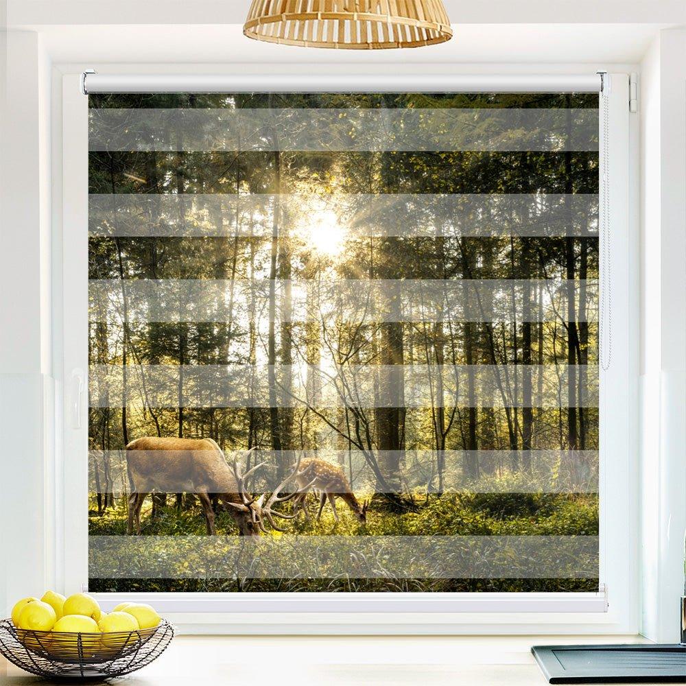 Klemm Doppelrollo "Hirsch Reh Wald Sonne" - ohne Bohren - Klemmfix - bis 150 cm Breite - Duo Rollo Fotodruck - La-Melle
