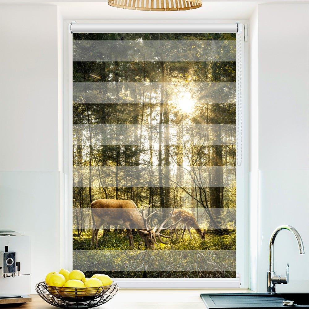 Klemm Doppelrollo "Hirsch Reh Wald Sonne" - ohne Bohren - Klemmfix - bis 150 cm Breite - Duo Rollo Fotodruck - La-Melle