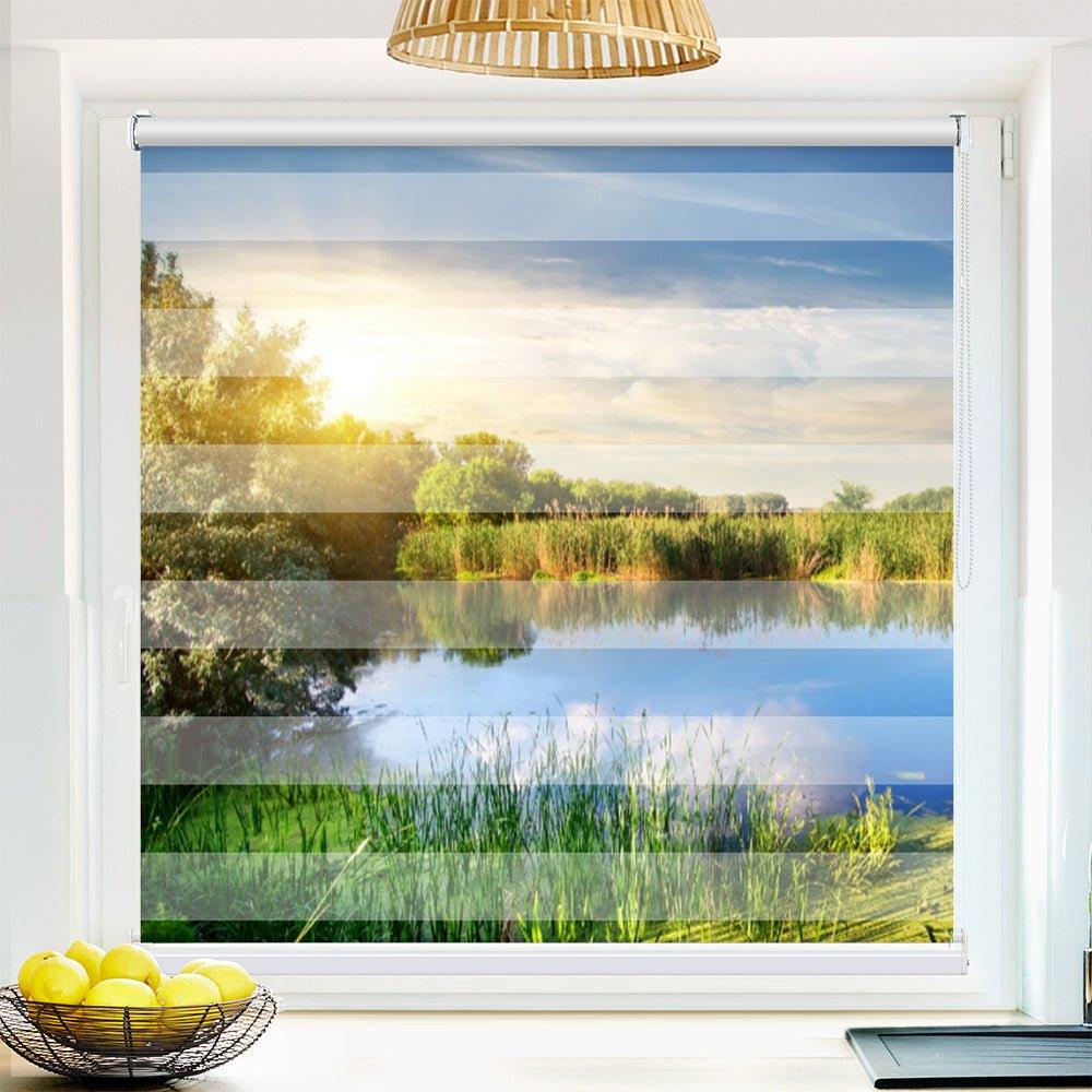Klemm Doppelrollo "Idyllischer See Sonne" - ohne Bohren - Klemmfix - bis 150 cm Breite - Duo Rollo Fotodruck - La-Melle