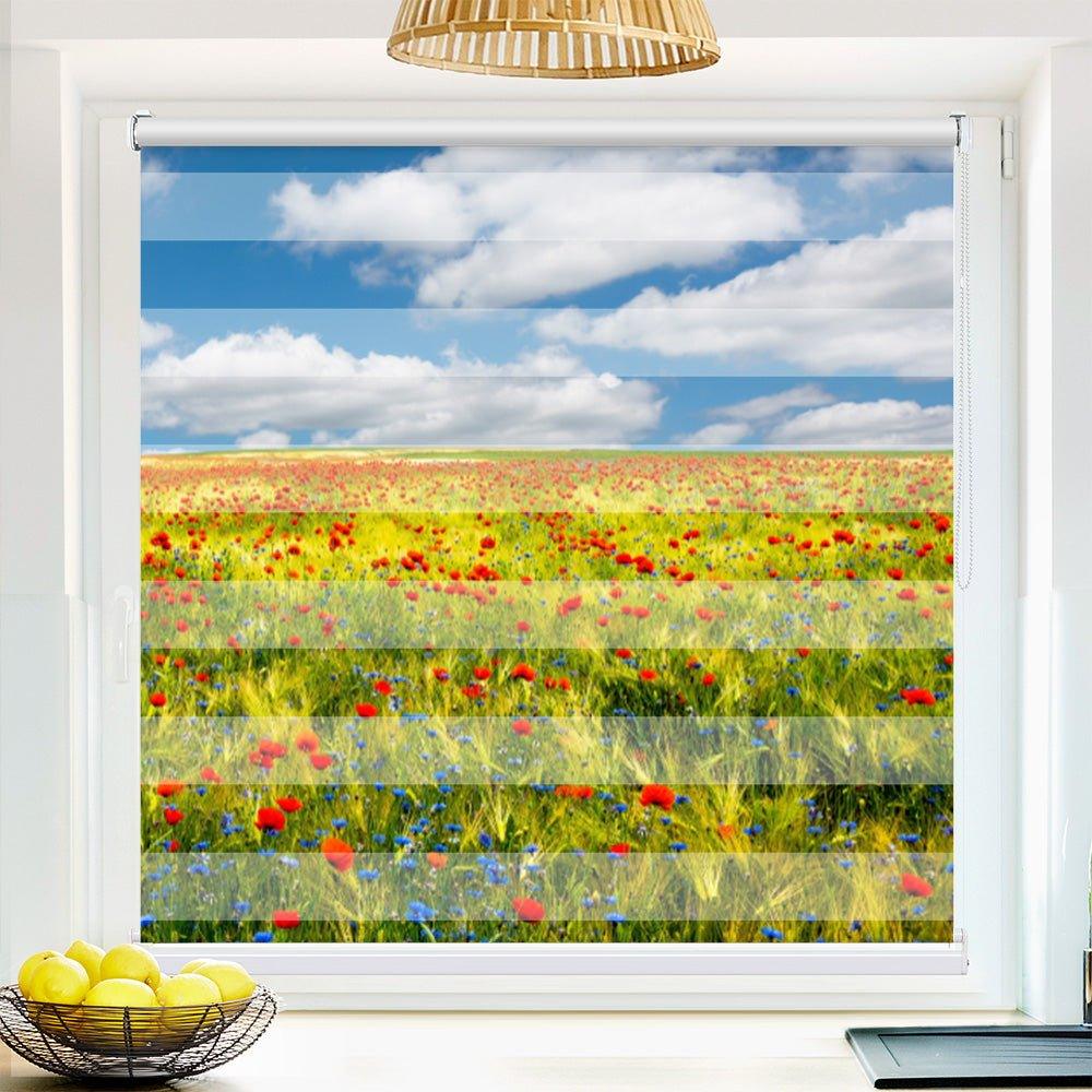 Klemm Doppelrollo "Kornfeld Mohnblumen" - ohne Bohren - Klemmfix - bis 150 cm Breite - Duo Rollo Fotodruck - La-Melle