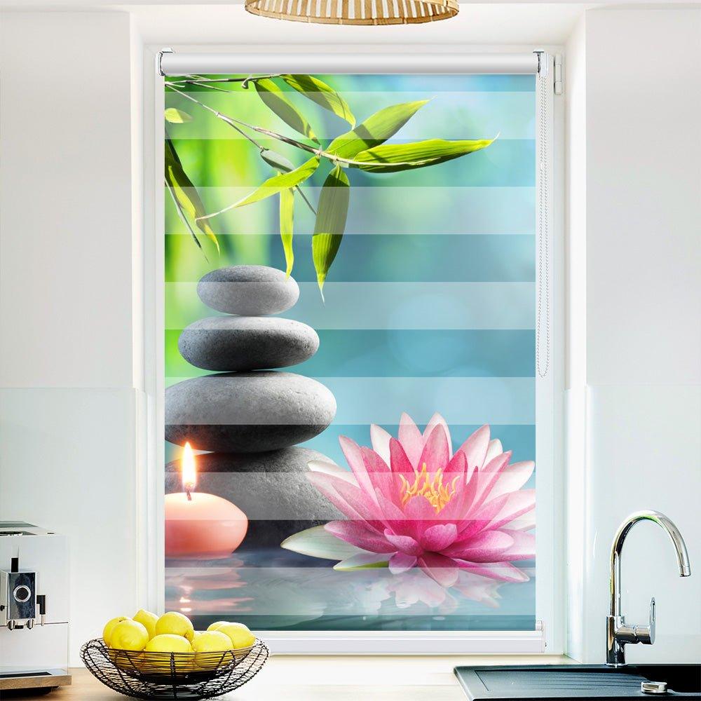 Klemm Doppelrollo "Lotus Bambus Steinturm Kerze" - ohne Bohren - Klemmfix - bis 150 cm Breite - Duo Rollo Fotodruck - La-Melle