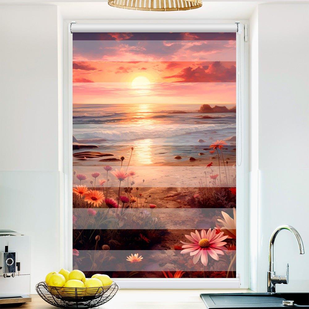 Klemm Doppelrollo "Küste Blumen" - ohne Bohren - Klemmfix - bis 150 cm Breite - Duo Rollo Fotodruck - La-Melle