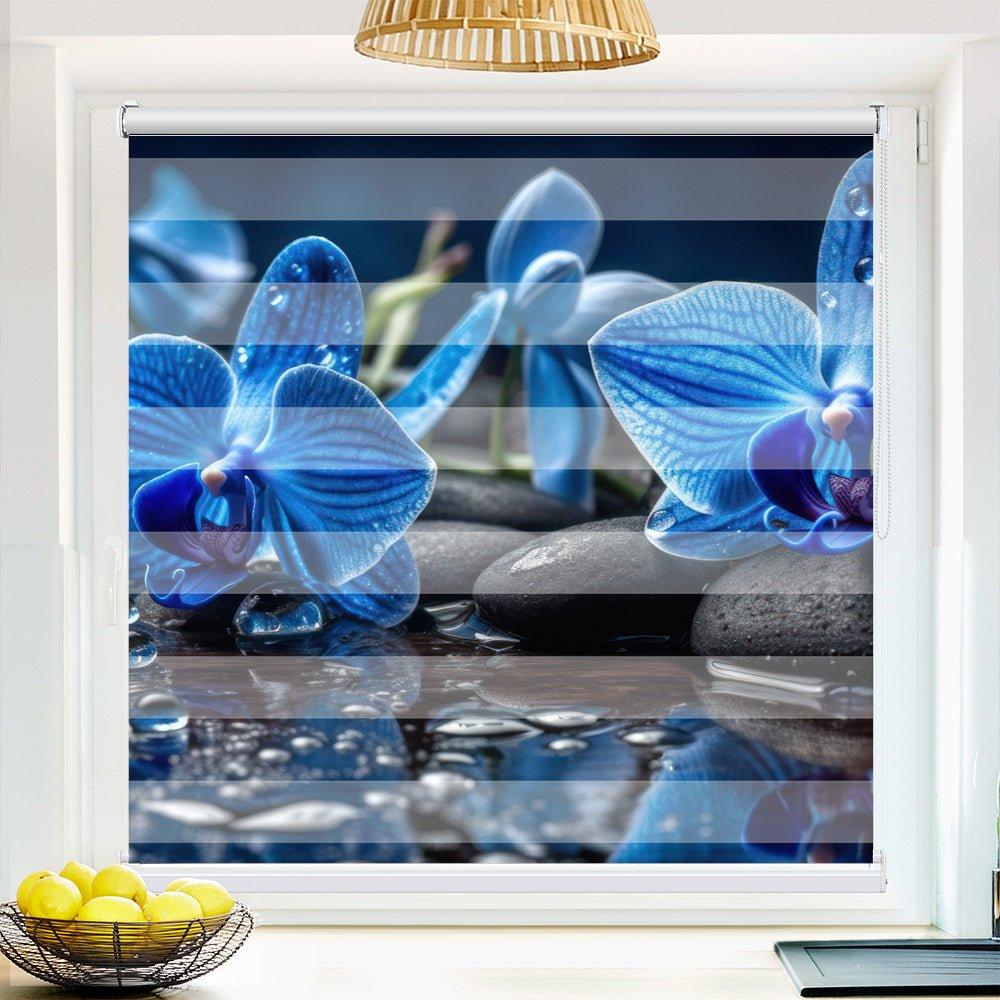 Klemm Doppelrollo "Orchi Blau Wasser Tropfen Steine" - ohne Bohren - Klemmfix - bis 150 cm Breite - Duo Rollo Fotodruck - La-Melle