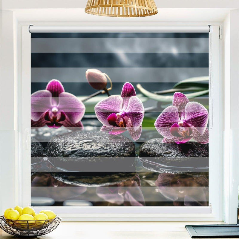 Klemm Doppelrollo "Orchi Pink Steine Wasser" - ohne Bohren - Klemmfix - bis 150 cm Breite - Duo Rollo Fotodruck - La-Melle