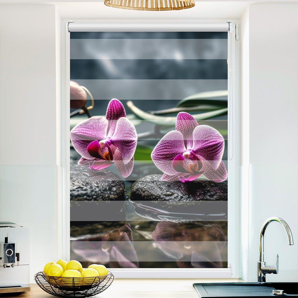 Klemm Doppelrollo "Orchi Pink Steine Wasser" - ohne Bohren - Klemmfix - bis 150 cm Breite - Duo Rollo Fotodruck - La-Melle