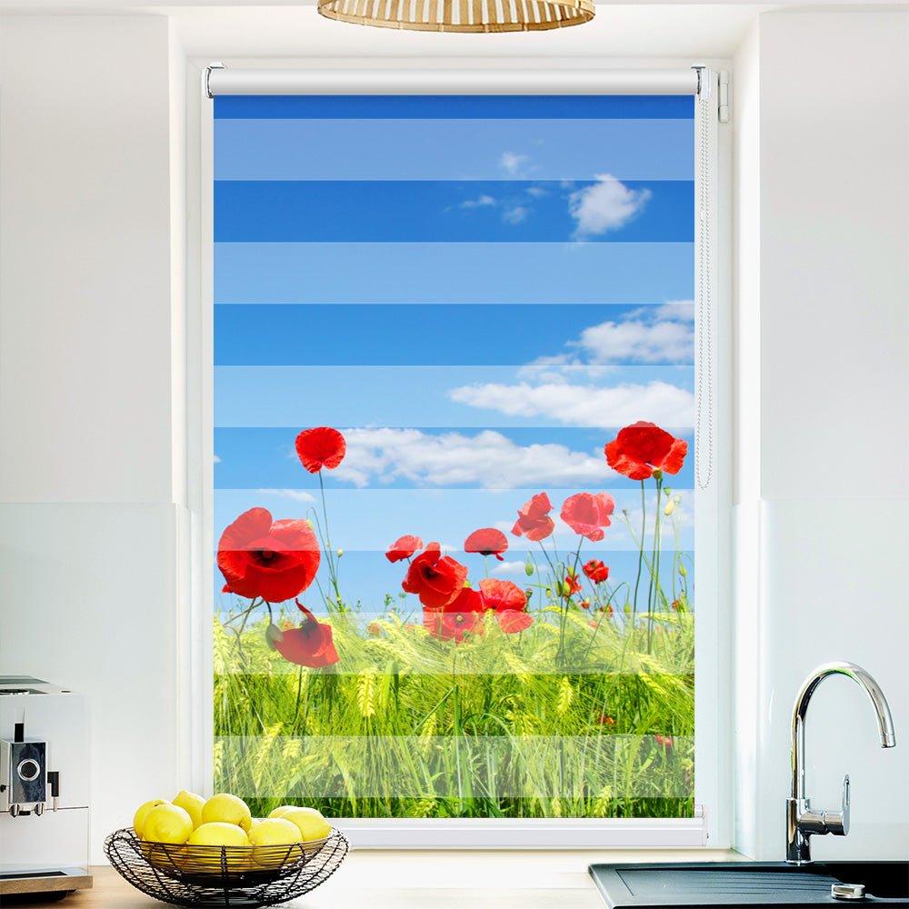 Klemm Doppelrollo "Mohnblumenfeld" - ohne Bohren - Klemmfix - bis 150 cm Breite - Duo Rollo Fotodruck - La-Melle