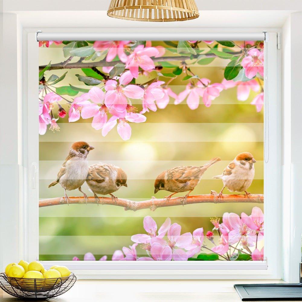 Klemm Doppelrollo "Spatzen auf dem Ast" - ohne Bohren - Klemmfix - bis 150 cm Breite - Duo Rollo Fotodruck - La-Melle