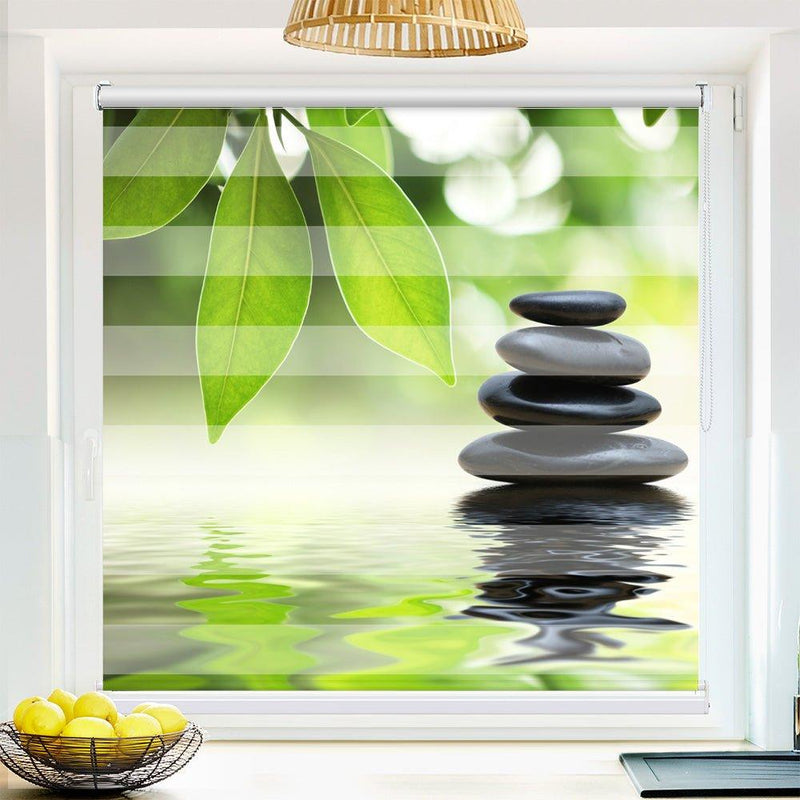 Klemm Doppelrollo "Stein Blätter Wasser" - ohne Bohren - Klemmfix - bis 150 cm Breite - Duo Rollo Fotodruck - La-Melle