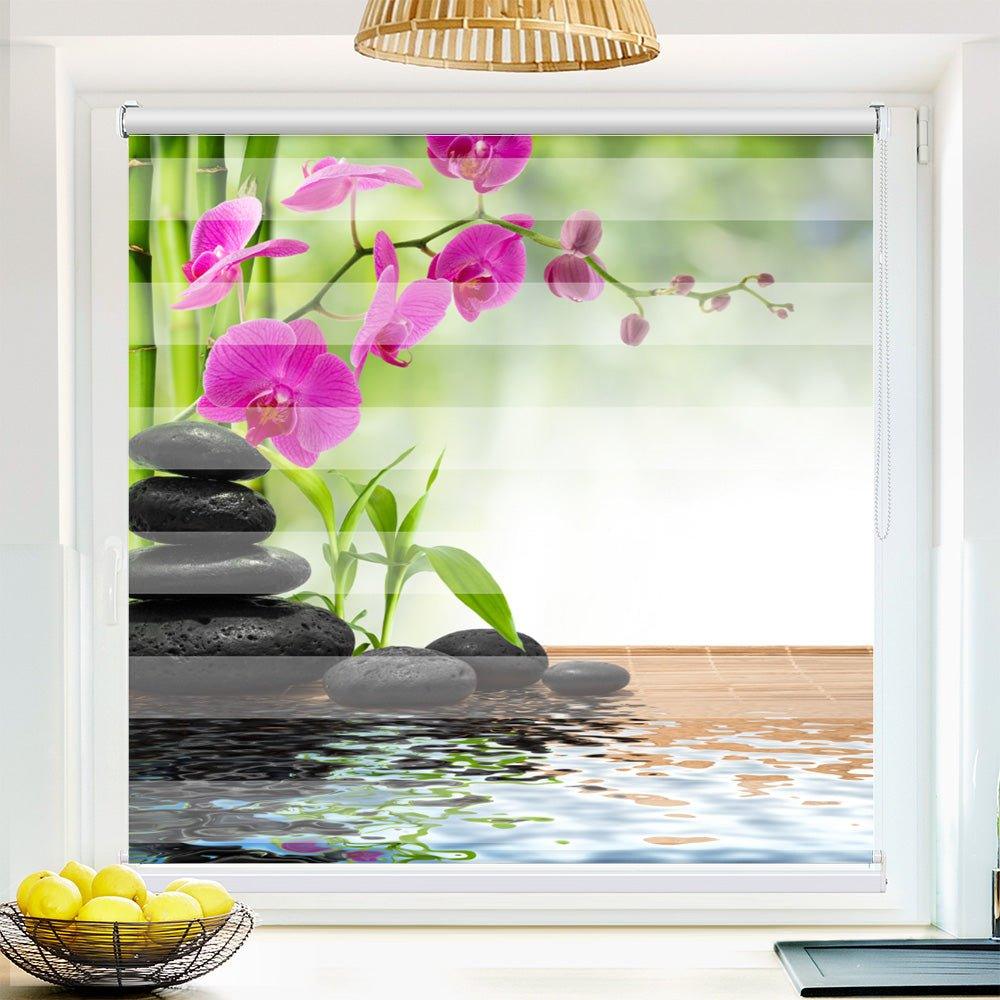 Klemm Doppelrollo "Stein Wasser Orchideenranke" - ohne Bohren - Klemmfix - bis 150 cm Breite - Duo Rollo Fotodruck - La-Melle
