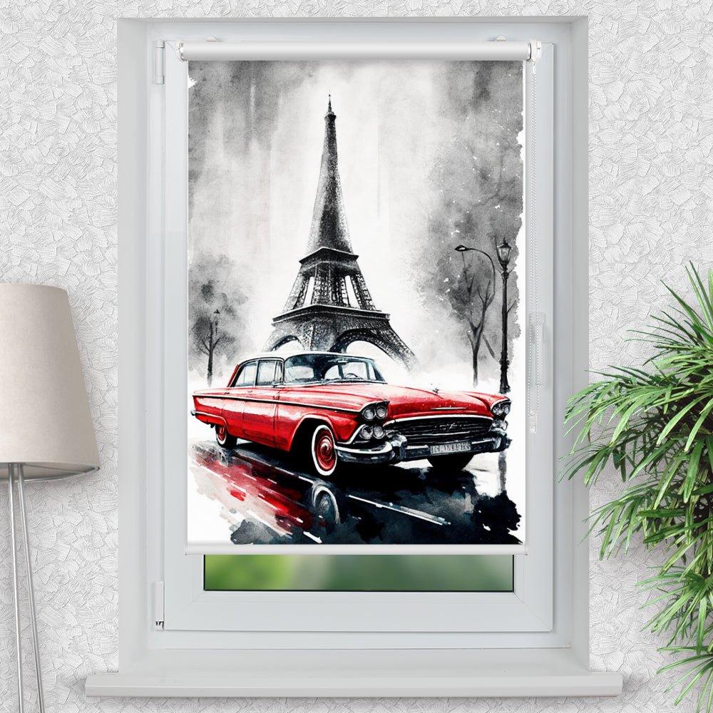Rollo Motiv "Eifelturm Cadillac" - ohne bohren - Klemmrollo bis 150 cm Breite - Klemmfix mit Fotodruck - blickdicht - La-Melle