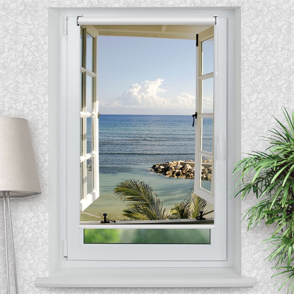 Rollo Motiv "Fenster Meeresblick" - ohne bohren - Klemmrollo bis 150 cm Breite - Klemmfix mit Fotodruck - blickdicht - La-Melle