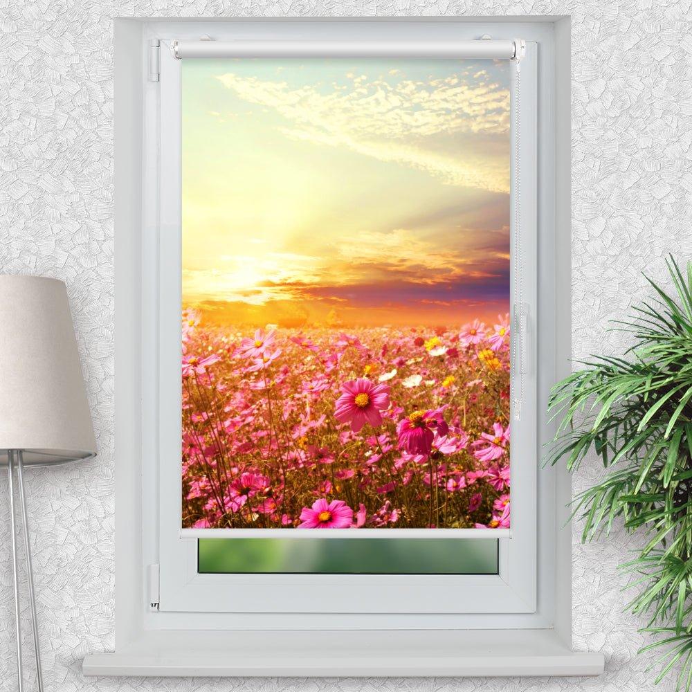 Rollo Motiv "Blumenwiese Sonnenuntergang" - ohne bohren - Klemmrollo bis 150 cm Breite - Klemmfix mit Fotodruck - blickdicht - La-Melle