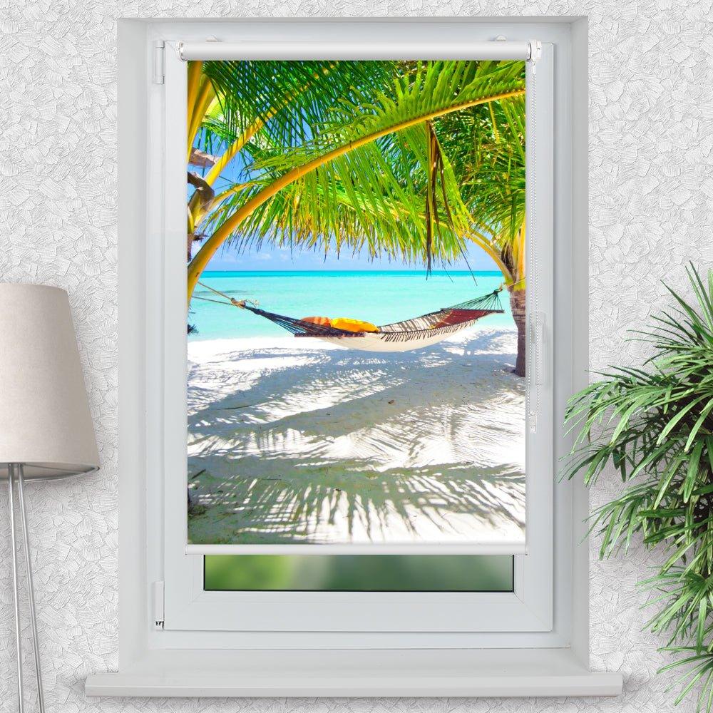 Rollo Motiv "Hängematte Strand" - ohne bohren - Klemmrollo bis 150 cm Breite - Klemmfix mit Fotodruck - blickdicht - La-Melle