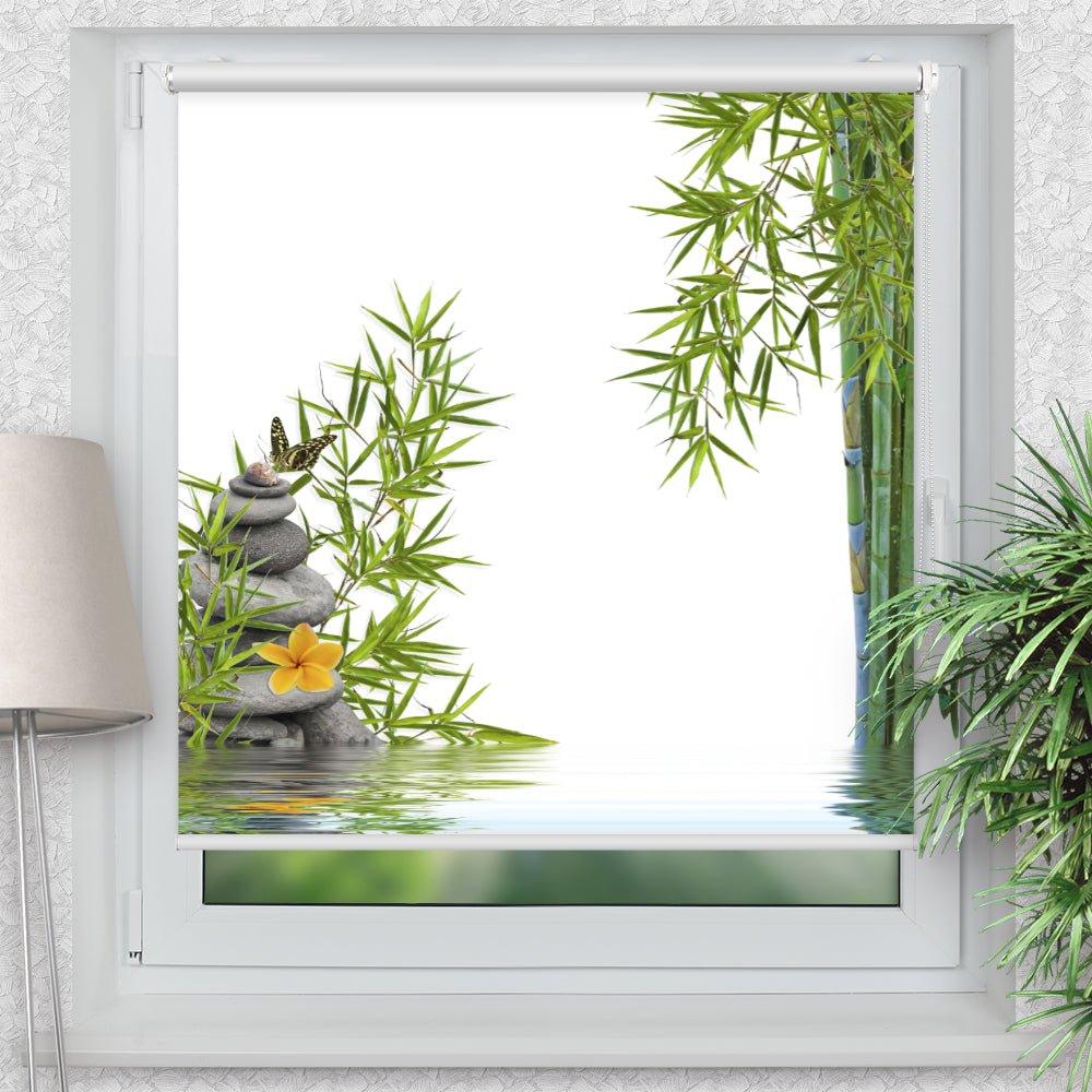 Rollo Motiv "Schmetterling Frangipani Bambus" - ohne bohren - Klemmrollo bis 150 cm Breite - Klemmfix mit Fotodruck - blickdicht - La-Melle